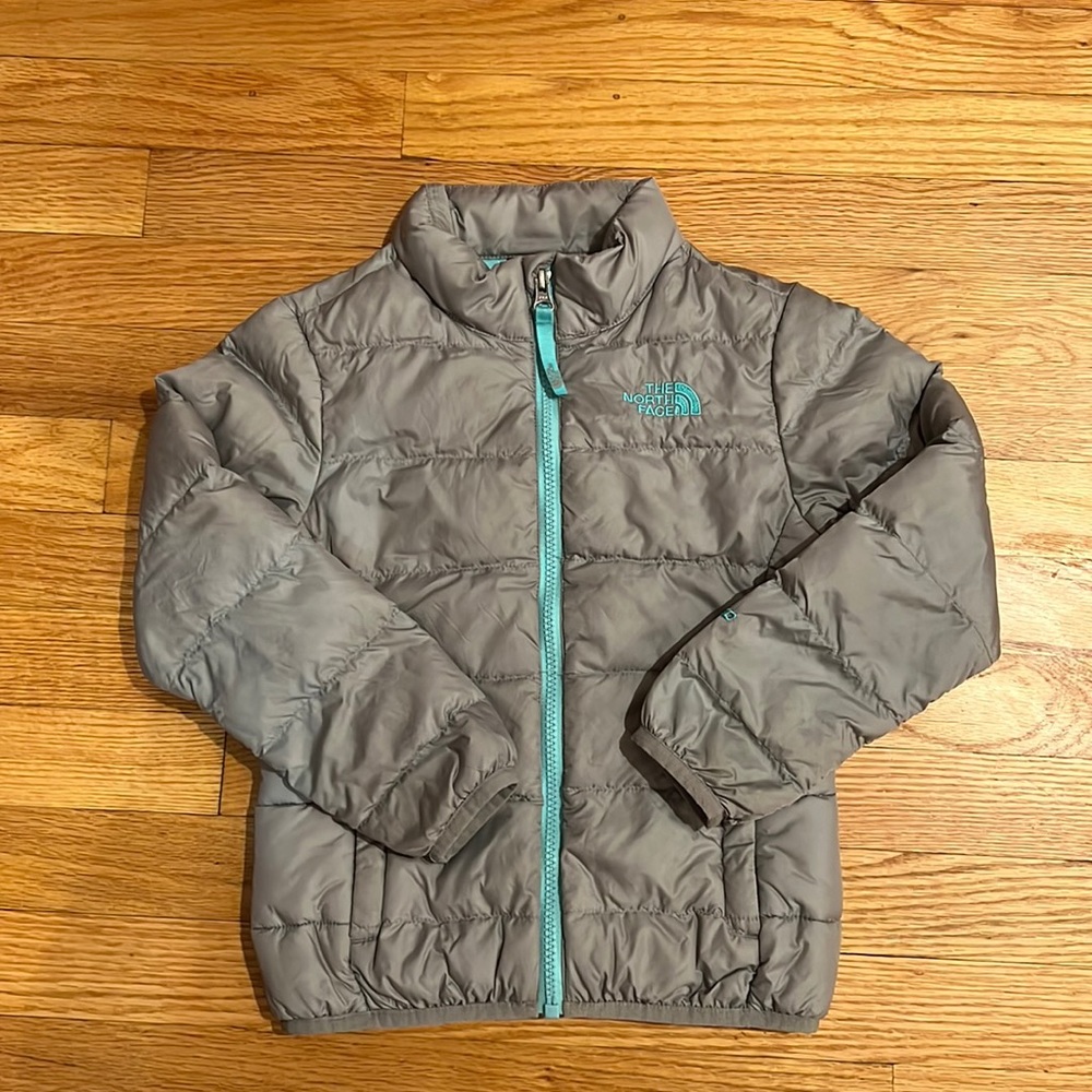 Girls North Face XXS (5) 550 Gray and Teal Winter Coat Puffer